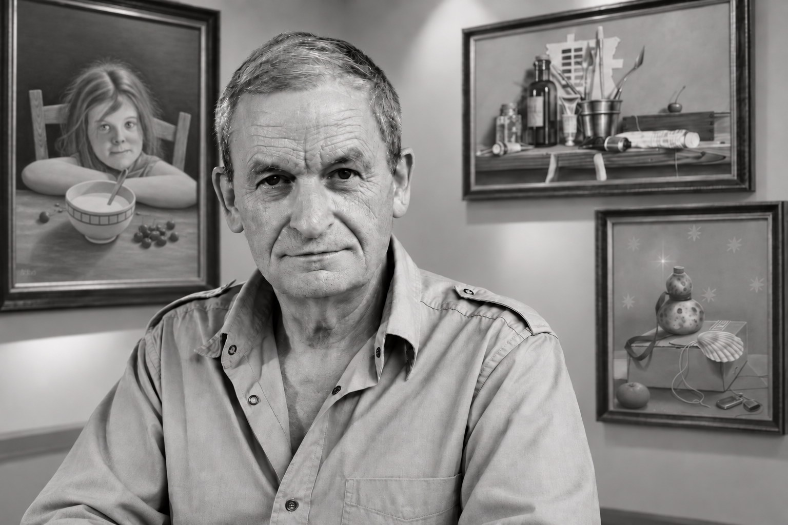 Portrait de Joan Vilarrubias devant des reproductions de ses tableaux (montage)